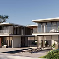 Modern Detached Villa Exterior With Glass Windows Terrace And Swimming Pool
