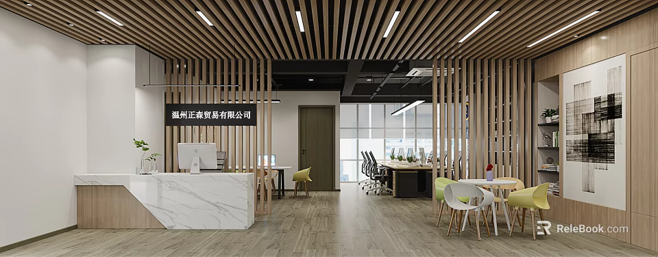 Modern Office Front Desk Reception Area With Marble Counter And Wooden Partitions 3d model 