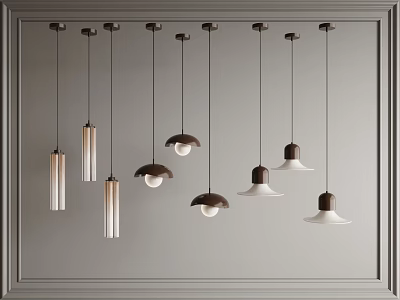 Modern Hanging Pendant Lights With Various Designs And Dark Light Shades On Gray Wall 3d model