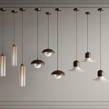 Modern Hanging Pendant Lights With Various Designs And Dark Light Shades On Gray Wall