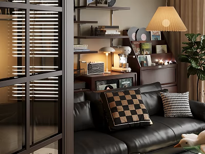 Cozy Living Room With Black Leather Sofa Checkerboard Pillows Shelf Radio Records Table Lamp And Green Plant 3d model