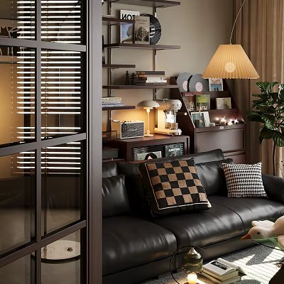 Cozy Living Room With Black Leather Sofa Checkerboard Pillows Shelf Radio Records Table Lamp And Green Plant 3d model