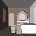 Serene SPA Sauna Space with Peach Colored Walls Arched Doorway Round Mirror and Massage Bed