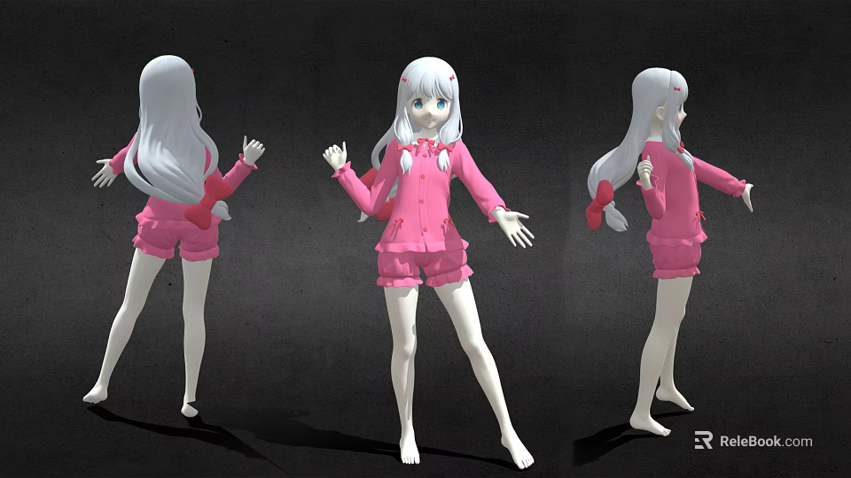 3D Anime Character Model With White Long Hair Pink Shorts And Top Three Angles 3d model 