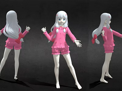 3D Anime Character Model With White Long Hair Pink Shorts And Top Three Angles 3d model