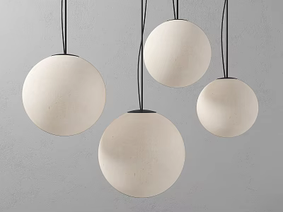 Four White Spherical Pendant Lights with Black Wires Against Grey Wall Modern Design 3d model