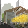 Modern Commercial Street With Sloped Roof Architecture Surrounded By Tall Buildings Trees And Pedestrians