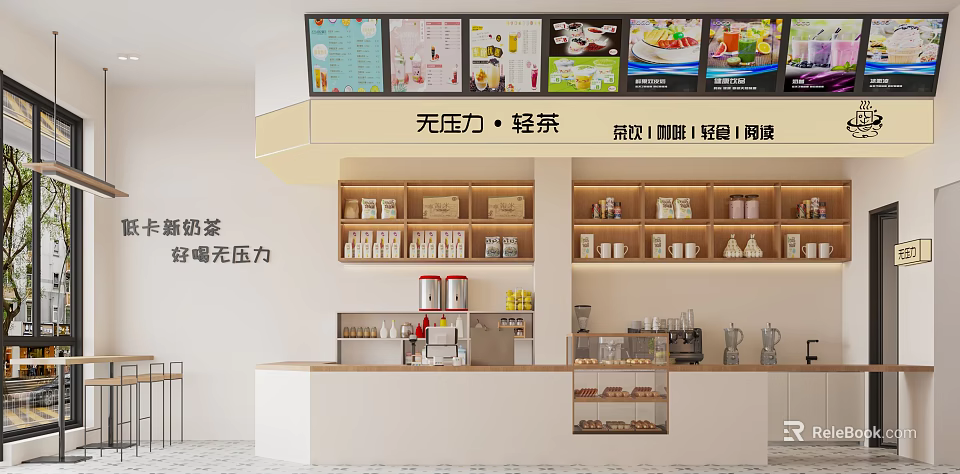 Stress-Free Light Original Milk Tea Shop With Menu Board Shelves Counter And Relaxing Vibe 3d model 