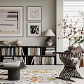Elegant Living Room Interior Featuring Green Chair Black Bookshelf White Sculpture And Patterned Rug