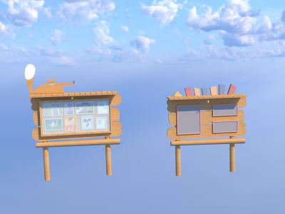 Kindergarten Wooden Display Boards with Children's Pictures and Books Under Blue Sky 3d model
