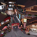 Traditional Chinese Garden Landscape With Commercial Street Lanterns And Pedestrians