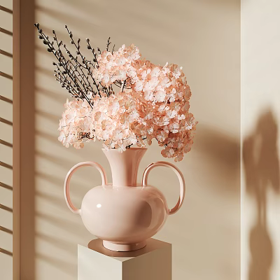 Pink Vase With Two Handles Displaying Pink Hydrangea Flowers Against Beige Wall With Light Shadows 3d model
