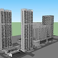 Modern Commercial Complex with High-Rise Towers Connected Structures Low-Rise Buildings and Green Spaces