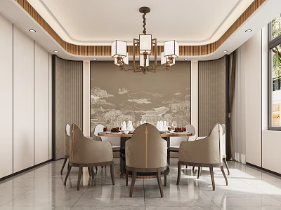 Luxurious Chinese Private Dining Room With Round Table And Chandelier 3d model