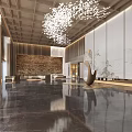 Modern Hotel Lobby With Wooden Slat Panels Marble Wall And Relief Mural