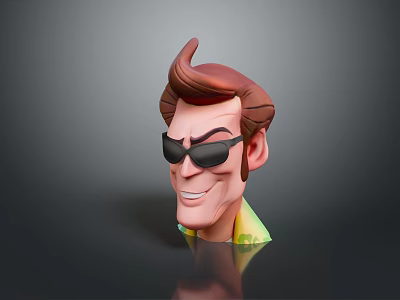 Cartoon Character Head With Brown Spiky Hair Black Sunglasses Smiling In Yellow Green Outfit 3d model