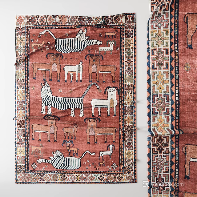 Traditional Handwoven Vintage Carpet With Intricate Animal Motifs And Ornate Borders 3d model 