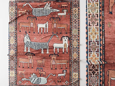 Traditional Handwoven Vintage Carpet With Intricate Animal Motifs And Ornate Borders 3d model