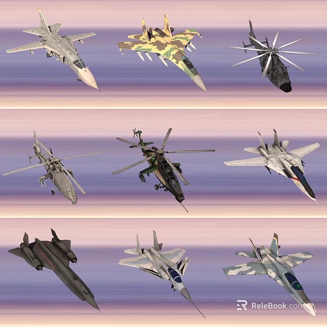 Different Types of Fighter Jets and Military Helicopters Flying in Sunset Sky 3d model 
