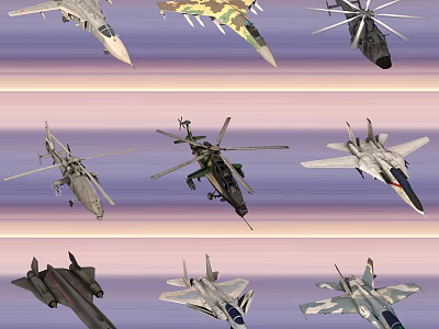 Different Types of Fighter Jets and Military Helicopters Flying in Sunset Sky 3d model