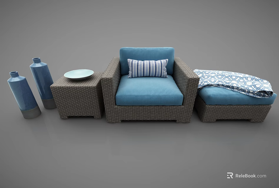 Wicker Sofa Set With Blue Cushions Striped Pillows Side Table And Decorative Vases 3d model
