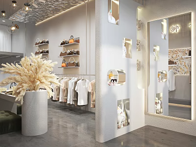 Stylish Clothing Store Interior With Clothes On Racks Bags On Shelves And Decorative Dried Flowers 3d model