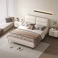 Upholstered White Double Bed with Nightstands Table Lamp and Wall Light in Modern Minimalist Bedroom