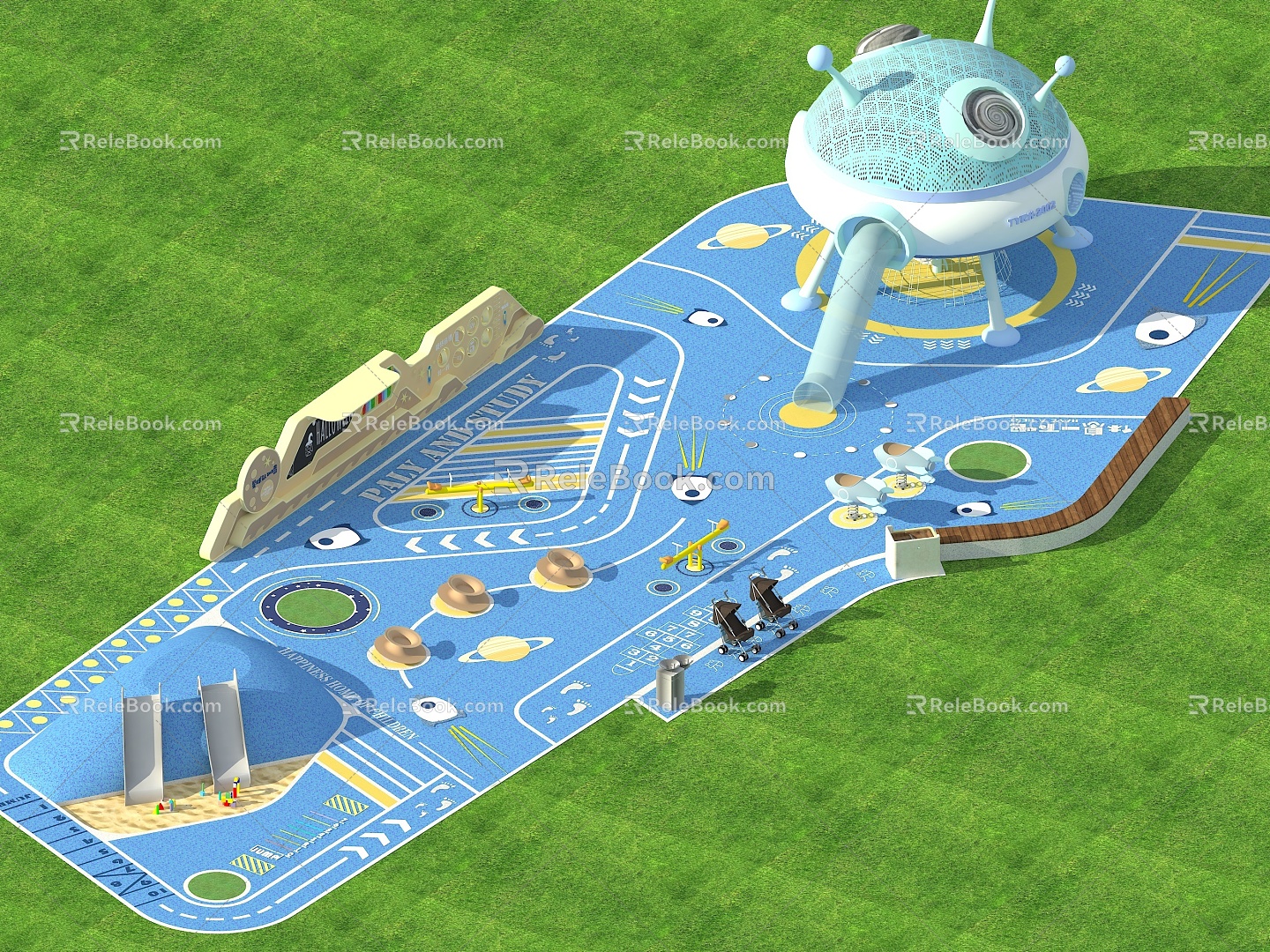 Square small amusement park park children's amusement park activity site plastic sports ground terrain amusement facilities children's space theme sketch landscape wall 3d model