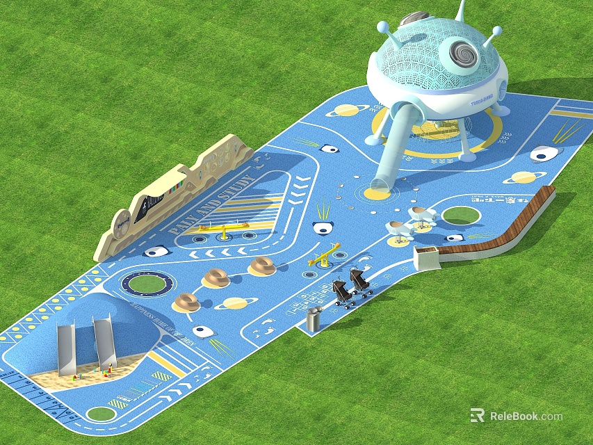 Park Landscape Featuring Green Lawn Blue Sports Area Dome Structure Circular Track and Sports Sign 3d model 
