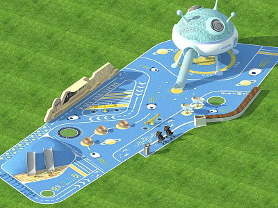 Park Landscape Featuring Green Lawn Blue Sports Area Dome Structure Circular Track and Sports Sign 3d model