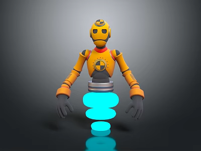 Yellow Robot 3D Model Featuring Black Facial Details Red Accents And Blue Spiral Base 3d model