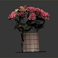 Fresh Pink And Orange Roses In Checkered Vase On Patterned Mat With Dark Background