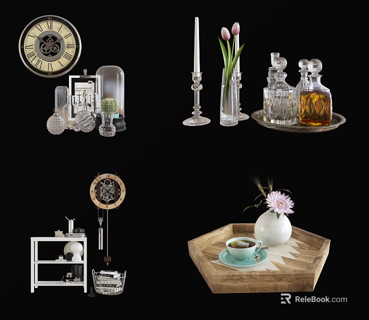 Decorative Ornament Set Including Vintage Clock Glass Cloche Candle Holder Vase Perfume Bottles And Dreamcatcher 3d model 