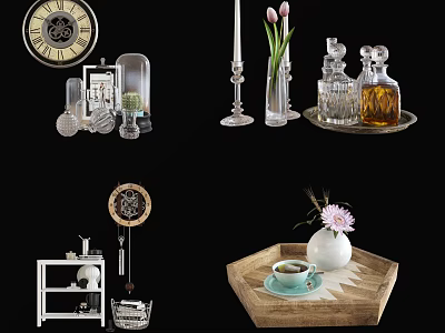 Decorative Ornament Set Including Vintage Clock Glass Cloche Candle Holder Vase Perfume Bottles And Dreamcatcher 3d model