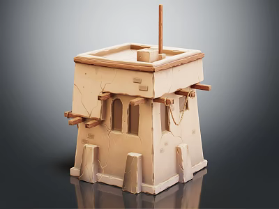 Traditional Tower Model Featuring Beige Square Structure Wooden Poles and Arch Windows 3d model