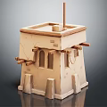 Traditional Tower Model Featuring Beige Square Structure Wooden Poles and Arch Windows