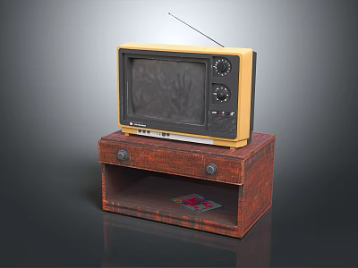 Vintage Television with Antenna on Brown Wooden Cabinet with Drawers and Yellow Black Case 3d model