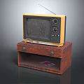 Vintage Television with Antenna on Brown Wooden Cabinet with Drawers and Yellow Black Case