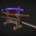 Traditional Samurai Swords Displayed On Wooden Stand With Purple Brown Handles And Decorative Sheaths