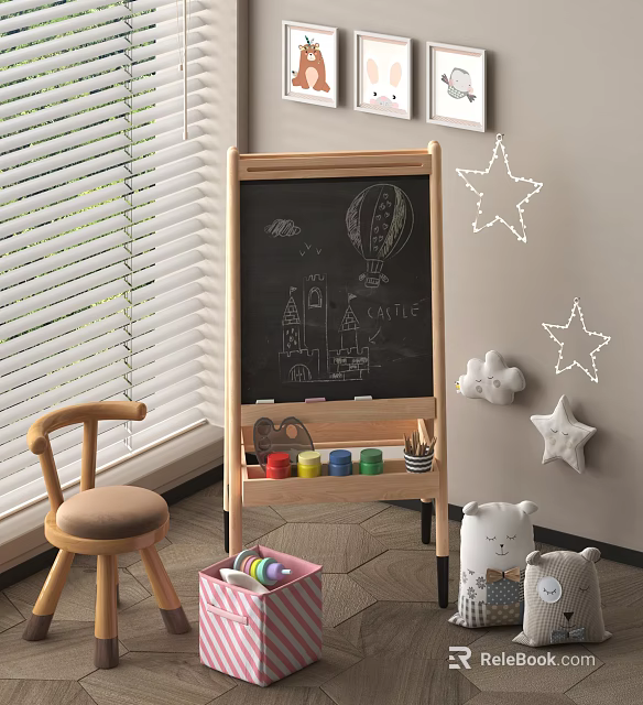 Kids Room With Wooden Easel Colorful Art Supplies Stool And Toys 3d model 