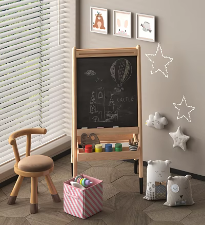 Kids Room With Wooden Easel Colorful Art Supplies Stool And Toys 3d model