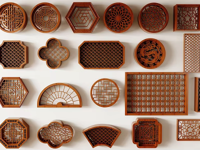 Traditional Carved Lattice Windows with Various Wooden Shape Patterns and Designs 3d model