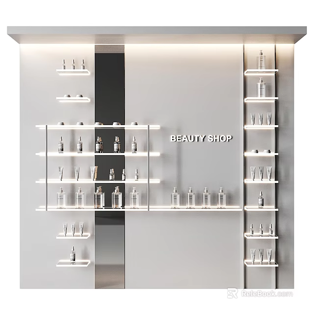 Elegant Modern Beauty Shop Display Shelves With Neatly Arranged Cosmetic Bottles And Products 3d model 