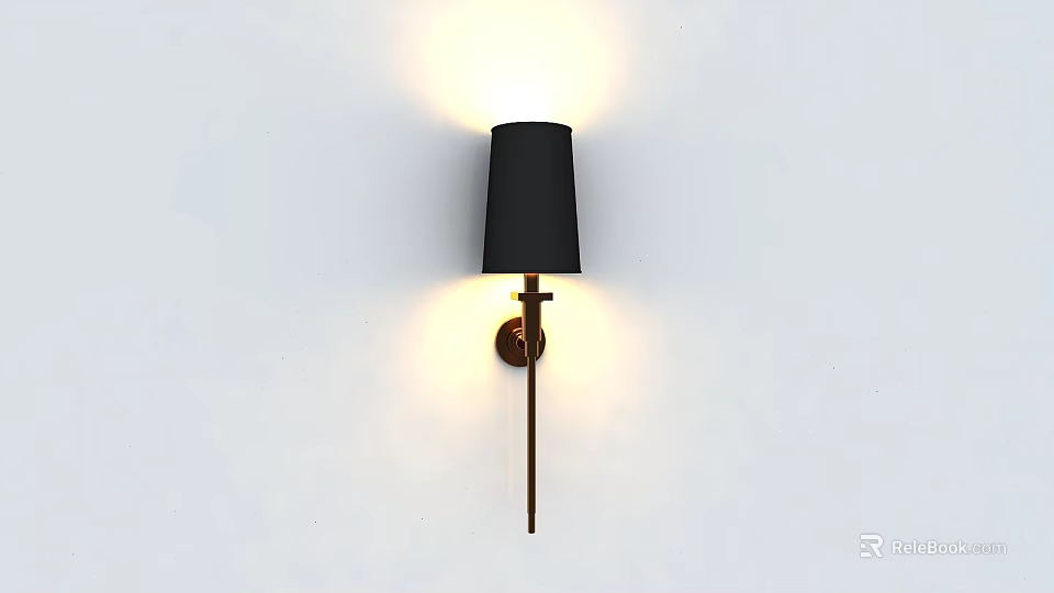 Modern Black Shade Wall Lamp With Brass Bracket Mounted On White Wall Illuminating Warm Light 3d model 