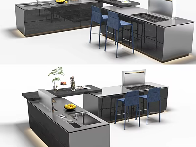 Modern Kitchen Featuring Sleek Black Cabinets Island Countertop And Blue Bar Stools 3d model