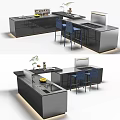 Modern Kitchen Featuring Sleek Black Cabinets Island Countertop And Blue Bar Stools