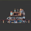 Multi Level Industrial Building with Towers Platforms Tracks and Colorful Details