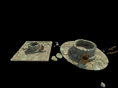 Cartoon Scene With Stone Wells on Stone Slab Ground Wooden Bucket and Tools 3d model