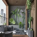Modern Villa Balcony Design With Outdoor Seating Green Plants Pebble Pathway And City Skyline