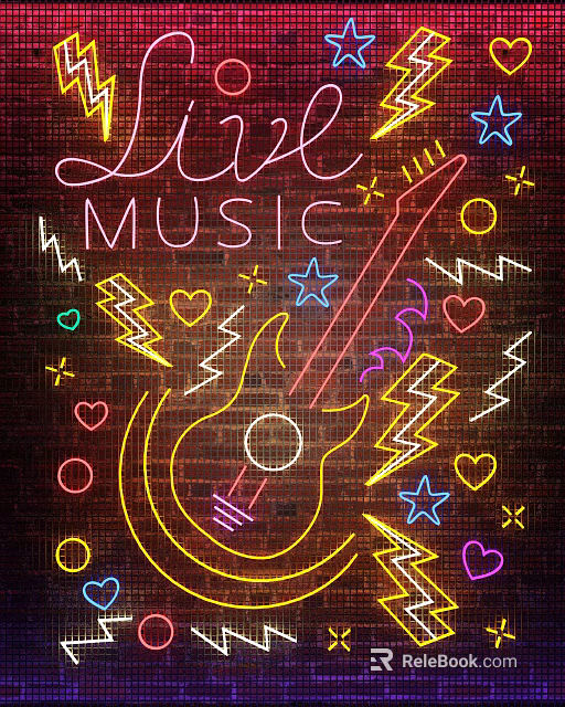 Live Music Themed Neon Decorative Lights With Guitar Shape Stars Hearts On Brick Wall 3d model 